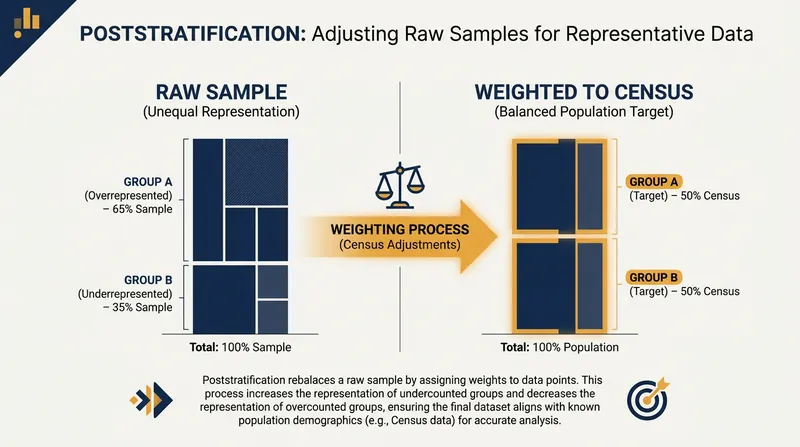 Poststratification mathematically re-weights raw survey data to match the true demographics of the population.