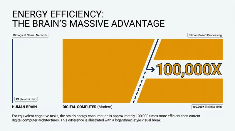 The human brain operates roughly 100,000 times more efficiently than modern digital computing systems.