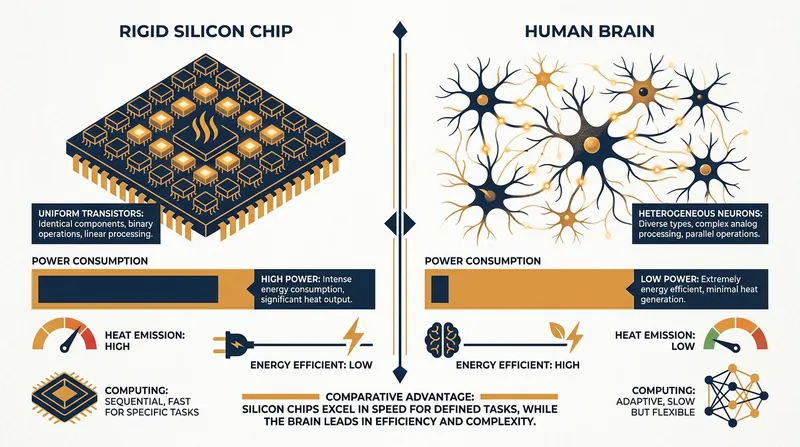 Unlike rigid silicon chips, the human brain relies on diverse, adaptable neural networks that operate with extreme energy efficiency.