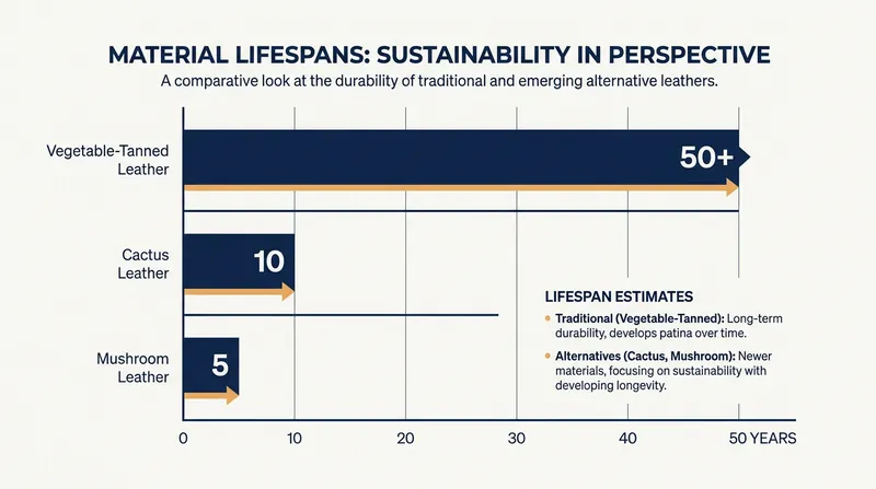 While bio-leathers excel in production metrics, traditional vegetable-tanned leather remains significantly more durable over time.