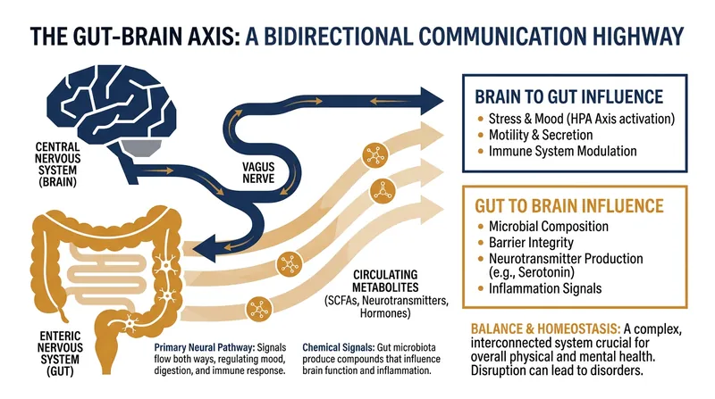 The gut-brain axis serves as a bidirectional communication superhighway between the digestive tract and the central nervous system.