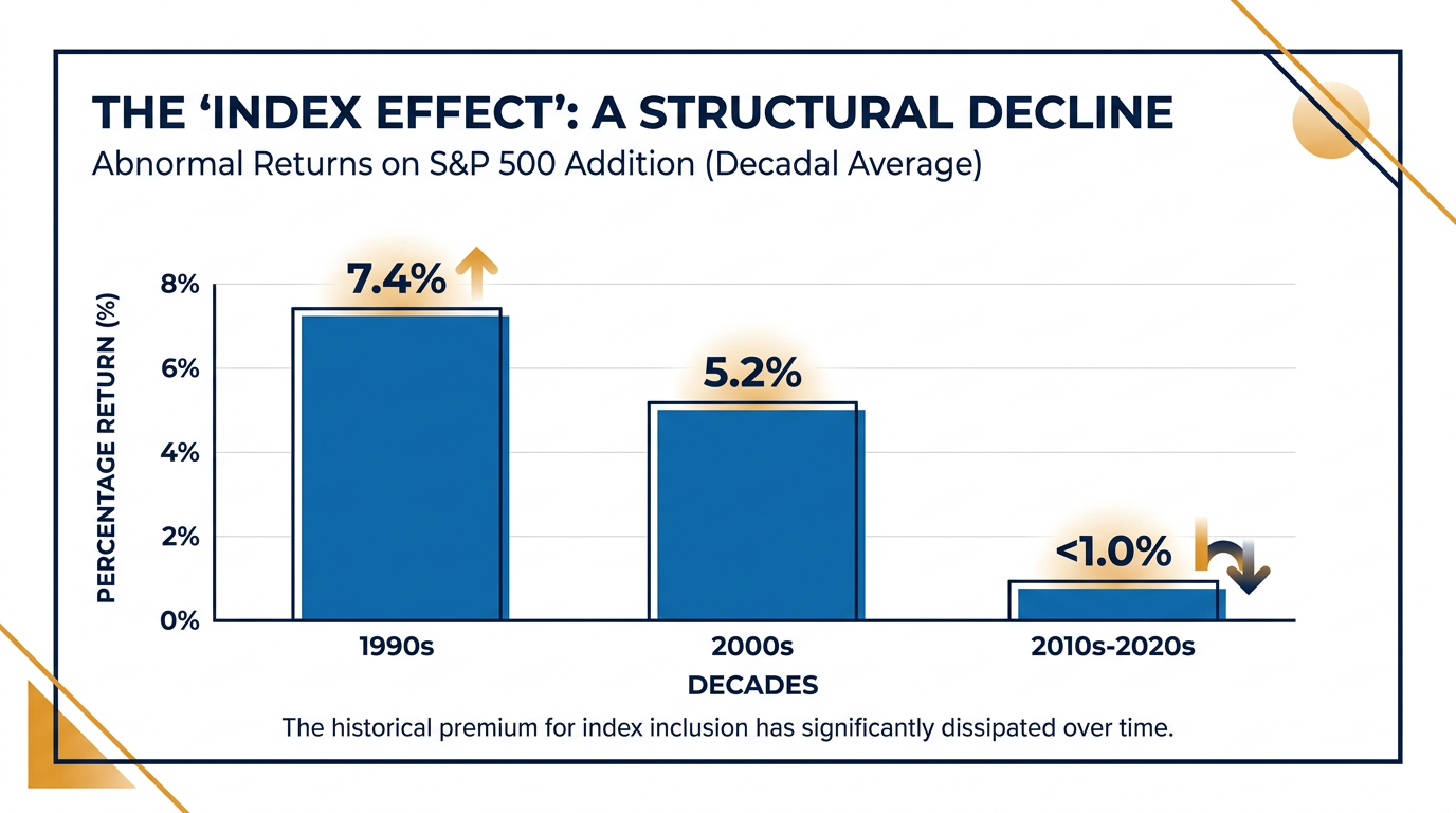 Academic research shows the traditional price bump associated with joining the S&P 500 has largely vanished over the last decade.