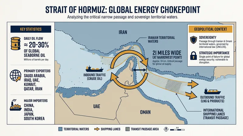 The narrow geography of the strait forces international shipping lanes through Iranian and Omani territorial waters.