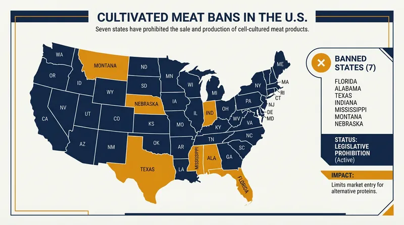 By early 2026, seven U.S. states had passed legislation banning the sale and distribution of cultivated meat.