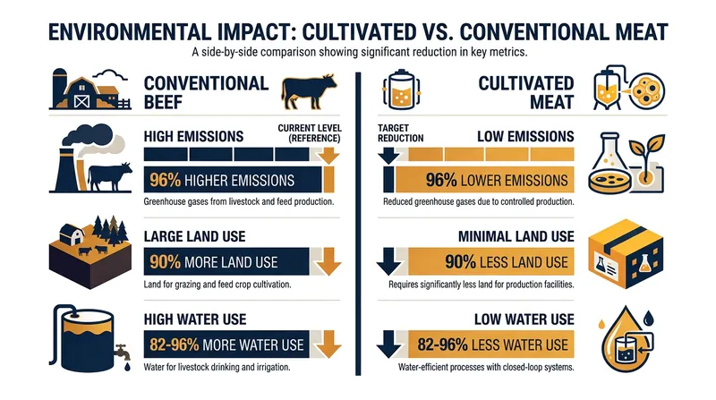 Life-cycle assessments show cultivated meat requires a fraction of the land and water used by traditional livestock.