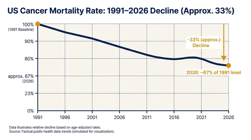 US cancer mortality rates have fallen steadily since their peak in the early 1990s.