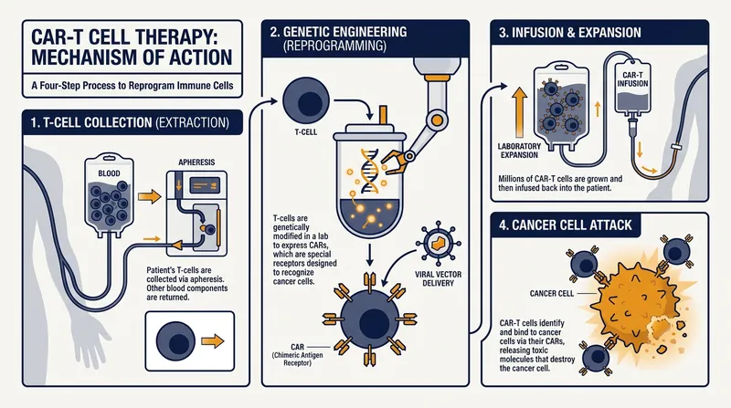 CAR-T cell therapy engineers a patient's own immune system to hunt down malignant cells.