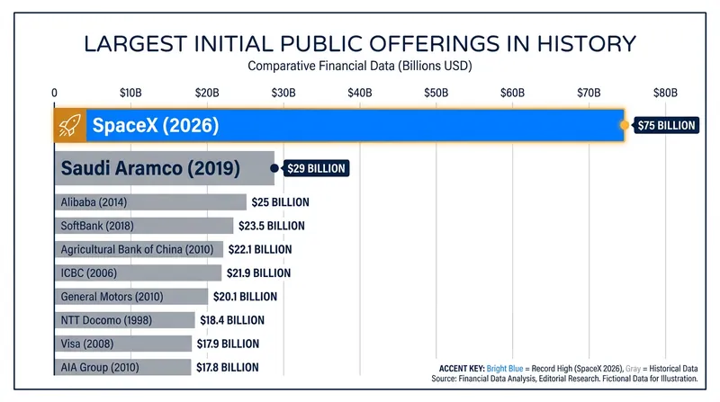 SpaceX's $75 billion capital raise shattered the previous global record set by Saudi Aramco.