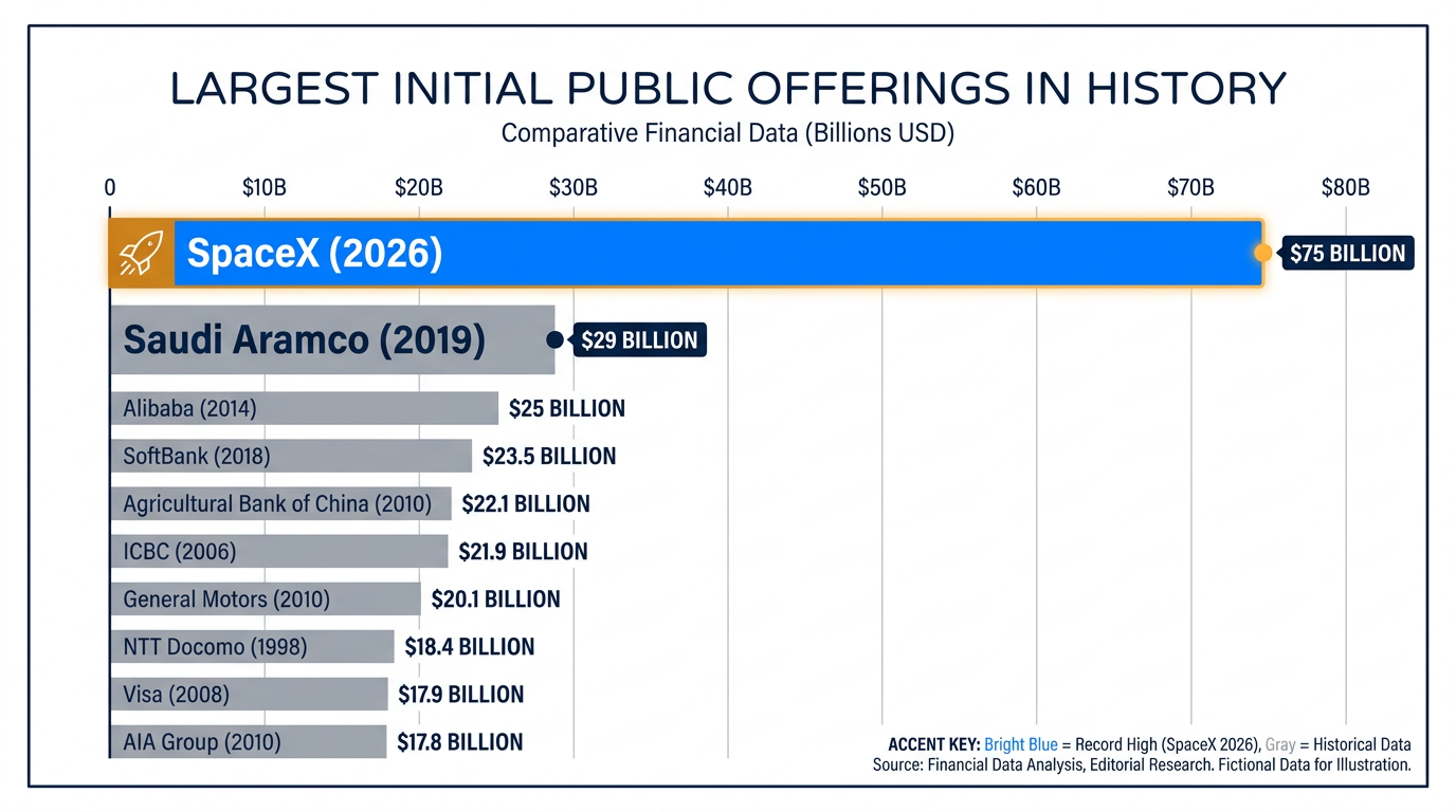 SpaceX's $75 billion capital raise shattered the previous global record set by Saudi Aramco.