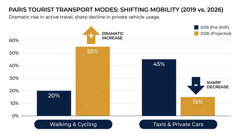 Active mobility has largely replaced private vehicles for visitors navigating the city center.
