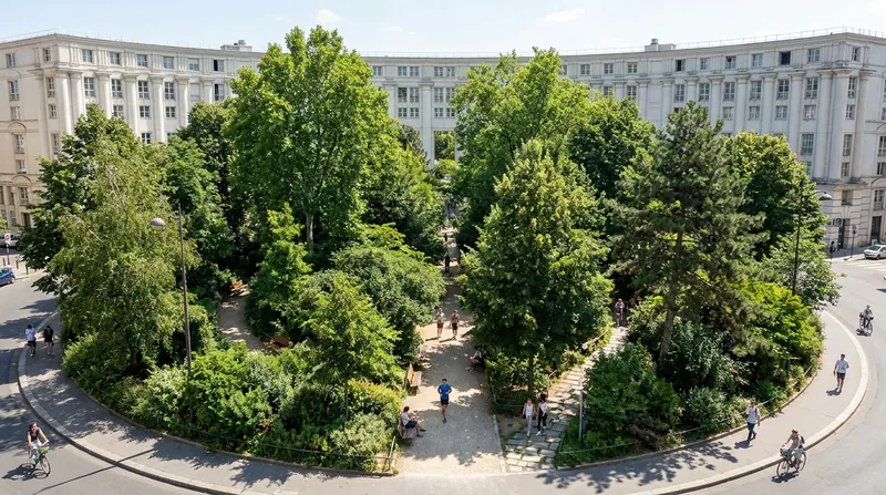 Former traffic circles like Place de Catalogne have been transformed into micro-parks known as urban forests.