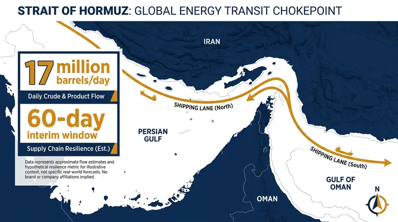 The Strait of Hormuz handles roughly 17 million barrels of oil per day, making it a critical pressure point in the negotiations.