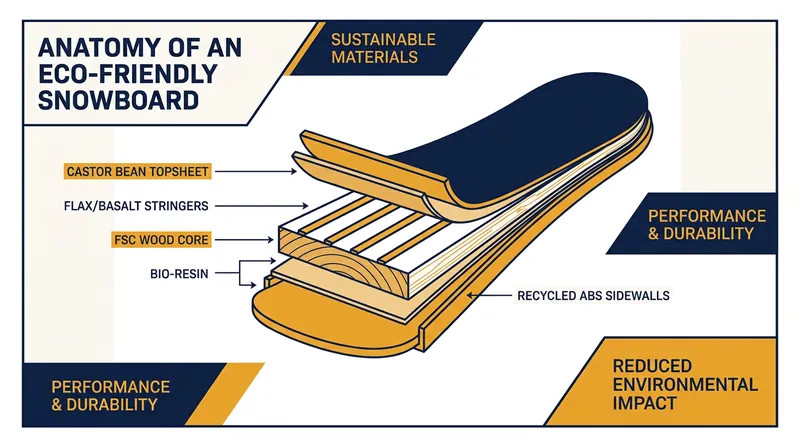 The anatomy of a zero-waste snowboard relies on plant-based materials and recycled plastics.