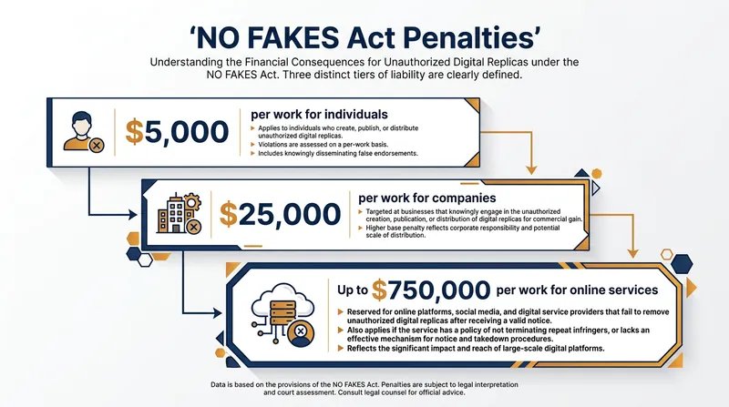 The proposed legislation introduces a tiered penalty system for creating, distributing, or hosting unauthorized digital replicas.