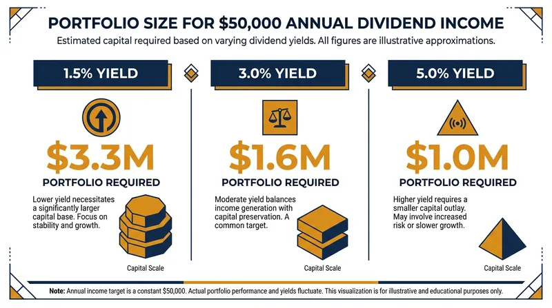The mathematical reality of living on dividends: lower yields require significantly larger portfolios.