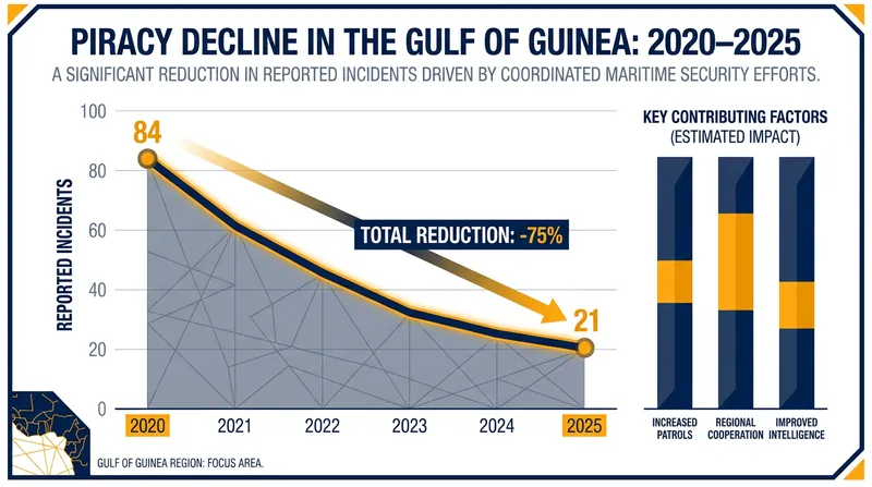Piracy incidents in the Gulf of Guinea have fallen by roughly 75% since their peak in 2020.
