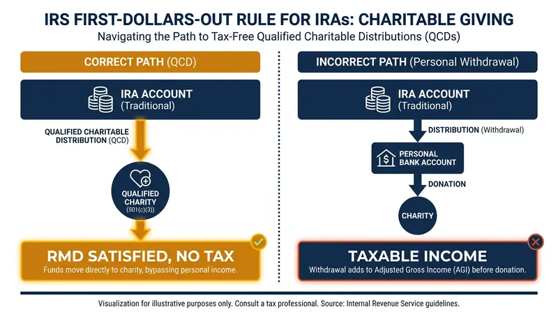 The 'First-Dollars-Out' rule requires charitable transfers to be the very first withdrawal of the year.