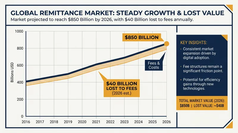 The global remittance market has grown to $850 billion, with tens of billions lost annually to intermediary fees.