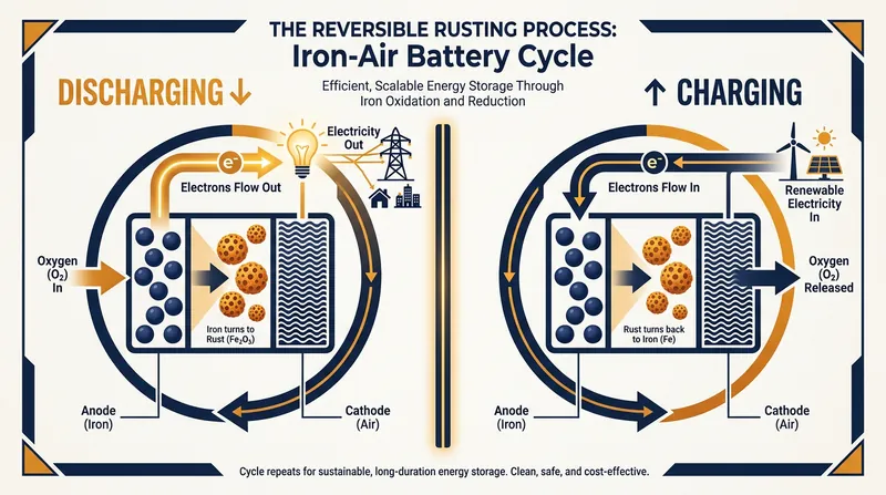 Iron-air batteries store and release energy through the process of reversible rusting.