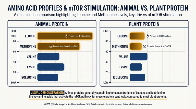 Plant proteins generally contain lower levels of the specific amino acids that chronically stimulate aging pathways.