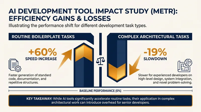 While AI accelerates routine coding, studies show it can slow down senior engineers on complex architectural tasks.