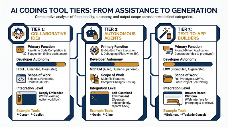 The 2026 AI coding landscape spans from in-editor assistants to fully autonomous software engineers.