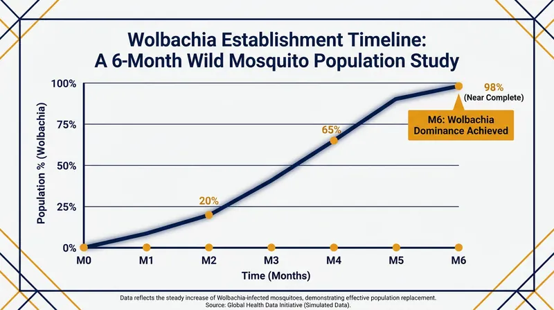 Once released, Wolbachia-carrying mosquitoes rapidly replace the wild population over a period of months.