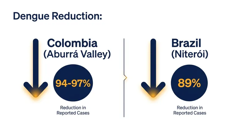 Real-world deployments have resulted in near-total collapses of local dengue transmission.