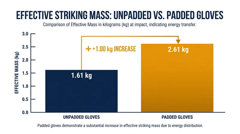 Biomechanical modeling reveals that padded gloves paradoxically increase a fighter's effective striking mass.