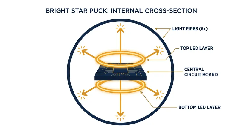 Inside the SMT 'Bright Star' puck, LEDs emit infrared light through tiny tubes to reach the arena cameras.