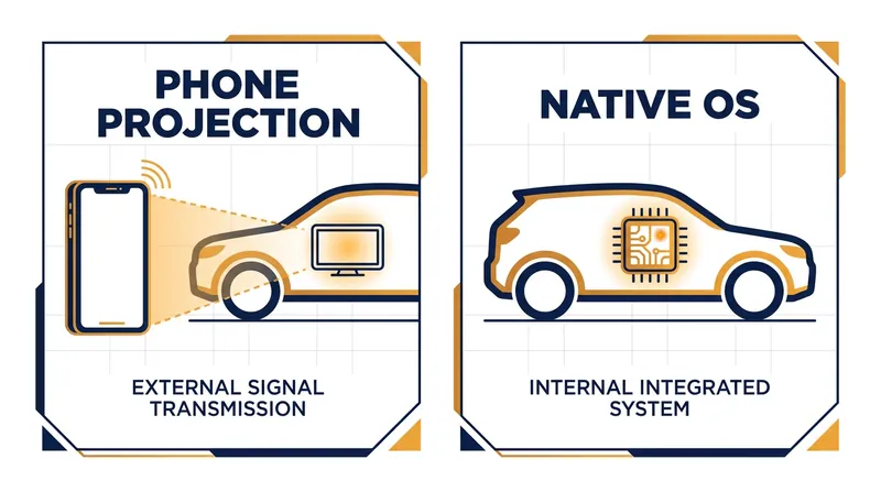 Projection systems rely on the phone's processor, while native systems run directly on the vehicle's internal computers.