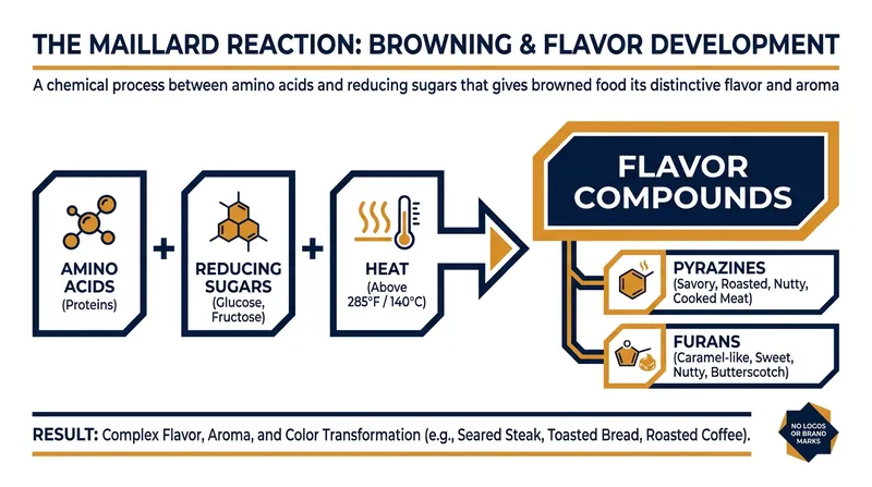The Maillard reaction is a chemical cascade that creates hundreds of new flavor compounds when heat is applied to amino acids and sugars.