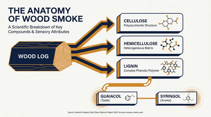The thermal degradation of lignin produces the phenolic compounds responsible for classic barbecue flavor.