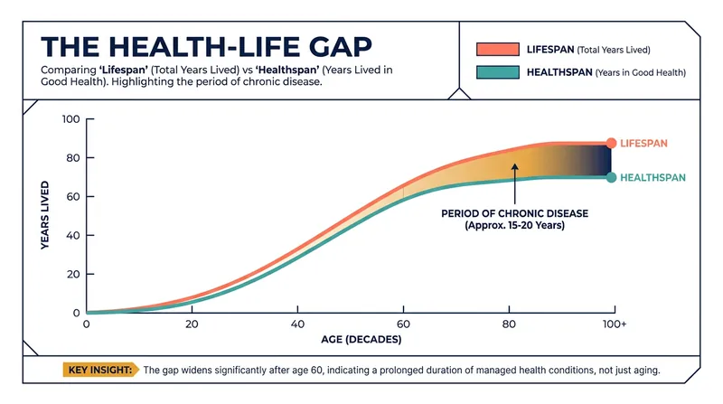 Modern longevity science focuses on extending 'healthspan' to compress the years spent managing chronic illness.