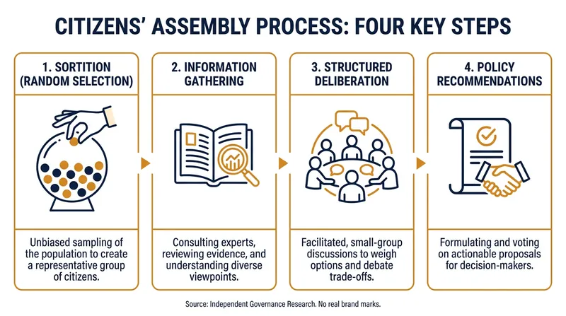 The core mechanism of deliberative democracy relies on random selection and structured information.