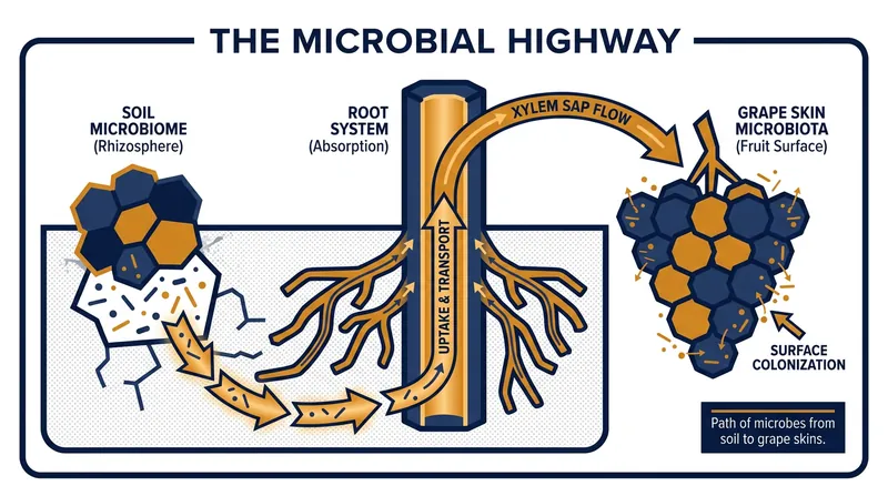 Fungi and bacteria travel from the soil through the vine's vascular system to colonize the grapes.