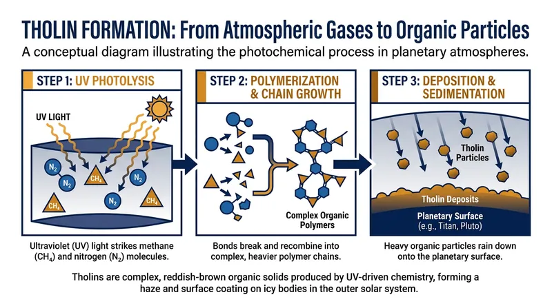 Radiation from the sun and cosmic rays can break down simple gases into complex organic polymers known as tholins.