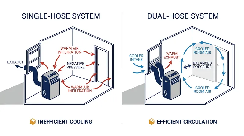 Single-hose units create a vacuum that pulls hot outdoor air inside, while dual-hose units maintain neutral indoor air pressure.