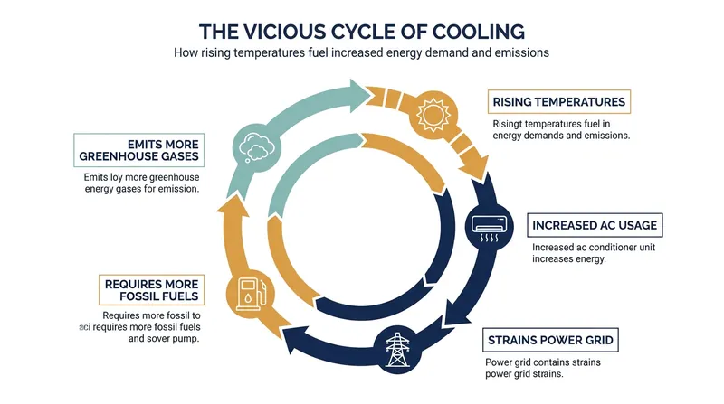 Inefficient air conditioning creates a feedback loop that accelerates global warming and strains electrical grids.