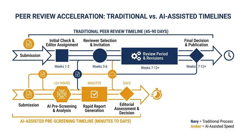 AI integration has created a roughly 100-fold speedup in the initial manuscript processing phase.