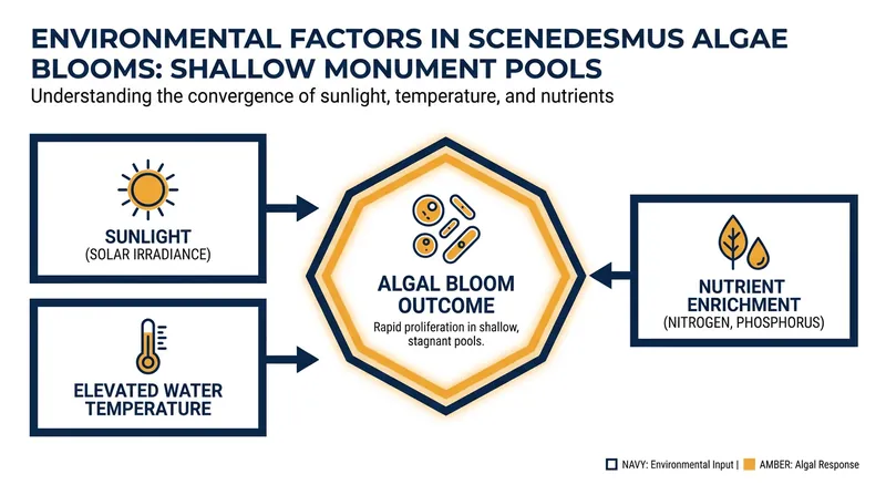 Environmental factors contributing to rapid algae growth in shallow pools.