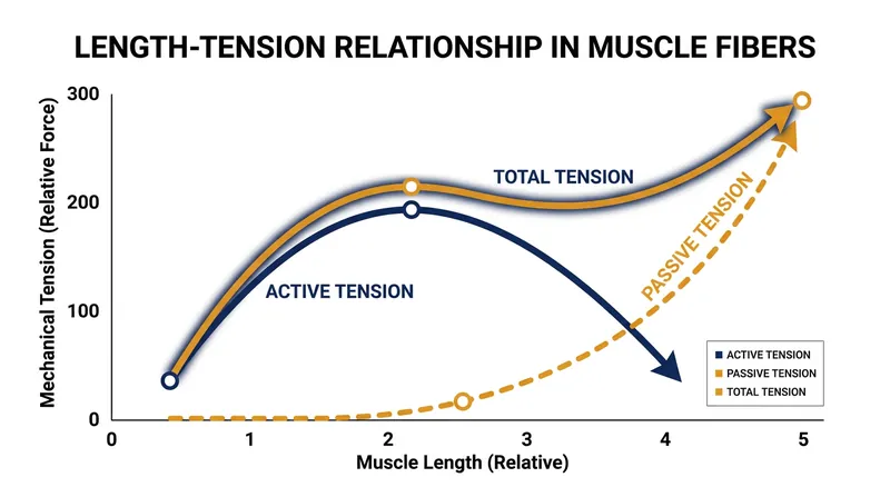 Total mechanical tension peaks when a muscle is fully stretched, combining active contraction with passive elastic resistance.