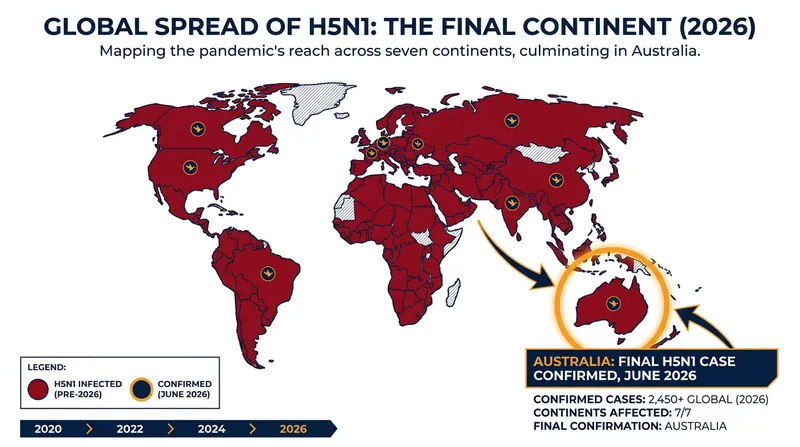 The global spread of the highly pathogenic H5N1 avian influenza since 2020.