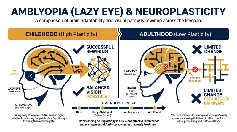The brain's 'critical period' for rewiring typically closes after childhood, making conditions like amblyopia hard to treat in adults.