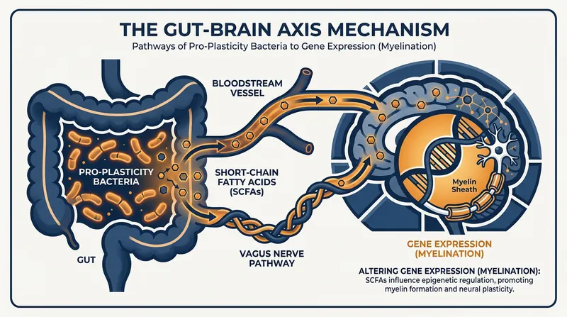 Microbes in the gut communicate with the brain through metabolic byproducts that can cross the blood-brain barrier.