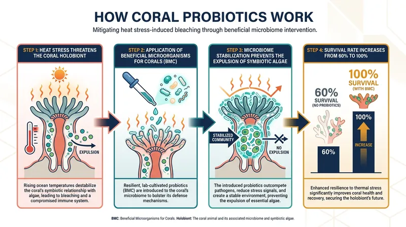 Beneficial microorganisms act as medicine, stabilizing the coral's biology during severe marine heatwaves.