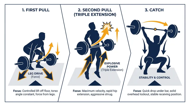 The biomechanical phases of the snatch, highlighting the explosive second pull.
