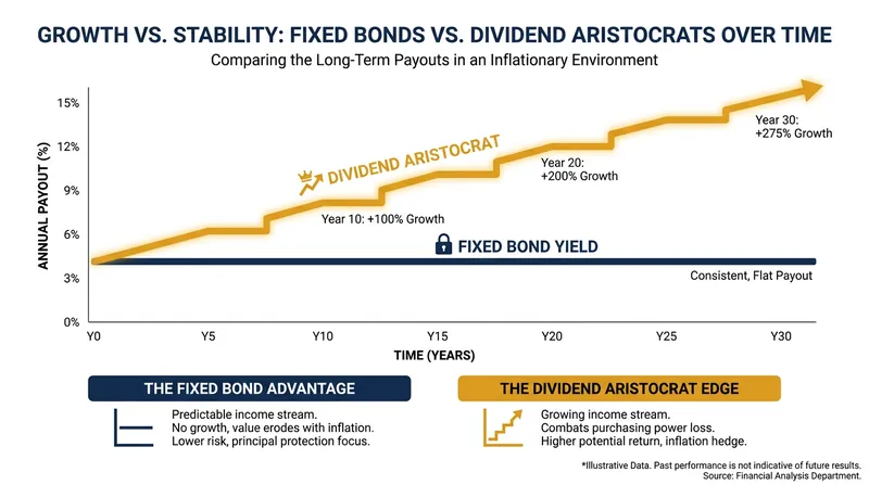 Unlike fixed-income bonds, dividend-growth stocks offer a mechanism to outpace inflation over long retirements.