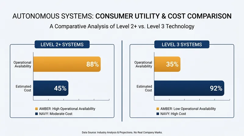 Automakers are shifting toward Level 2+ systems, which offer broader everyday usability at a lower cost than strictly regulated Level 3 hardware.