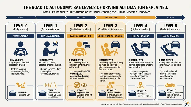 The critical leap in autonomous driving occurs between Level 2 and Level 3, where the driver is legally allowed to look away from the road.